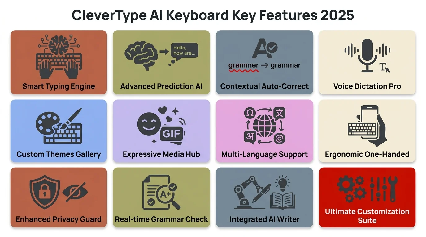 CleverType AI Keyboard key features 2025: grammar fix, tone adjustment, smart replies, on-device privacy, multilingual support and more