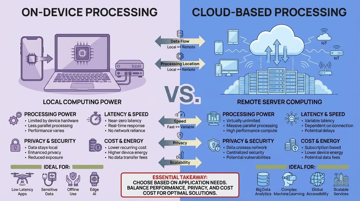 On-Device vs Cloud-Based Processing comparison for AI keyboards - privacy, speed, and functionality differences explained