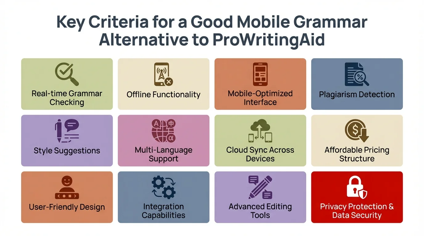 Key criteria for choosing a mobile grammar alternative to ProWritingAid: real-time checking, keyboard integration, tone awareness, multilingual support, and privacy