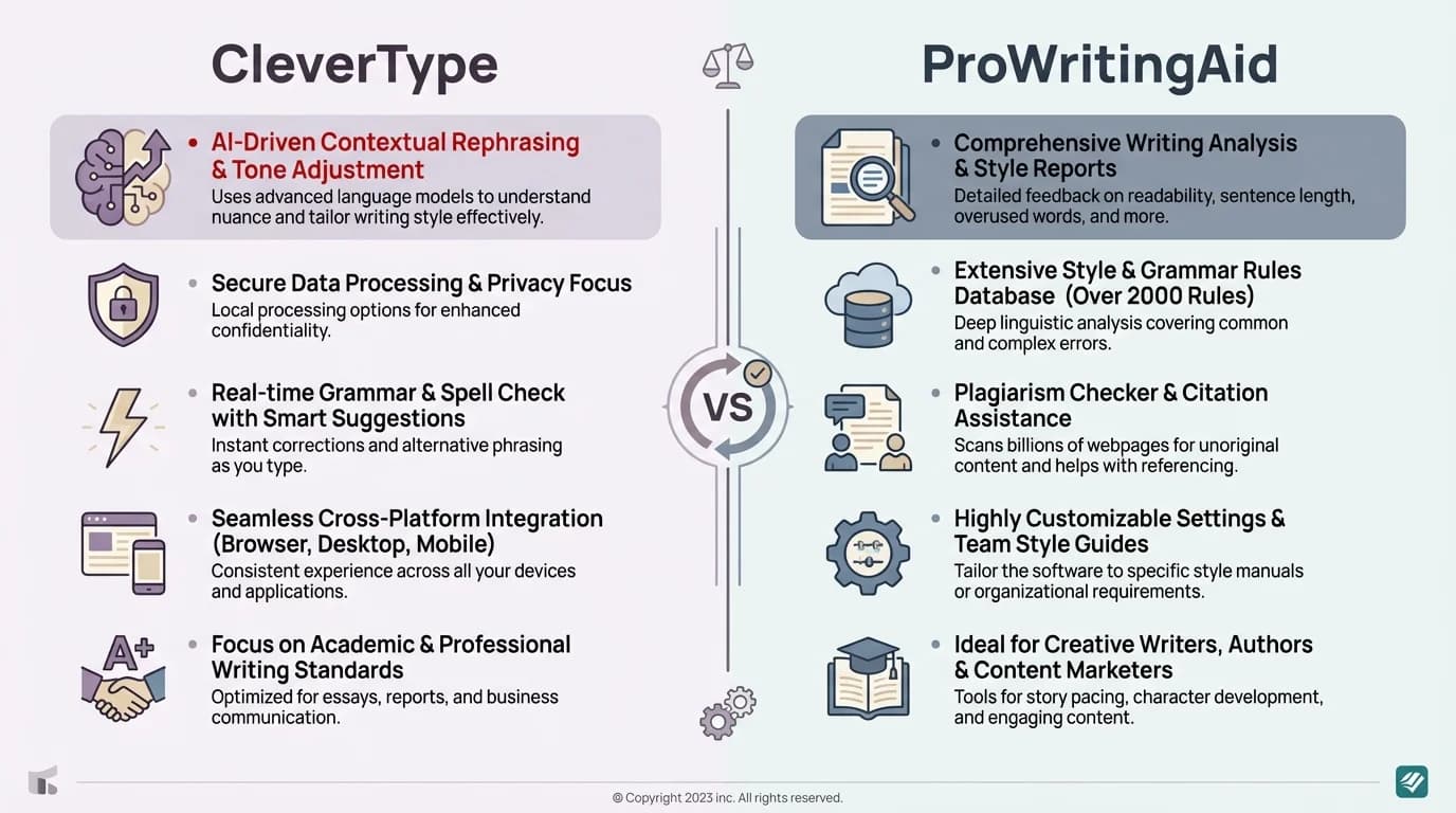 CleverType vs ProWritingAid comparison: CleverType offers real-time mobile grammar, AI smart replies, privacy-first design and tone adjustment vs ProWritingAid's desktop-only document analysis