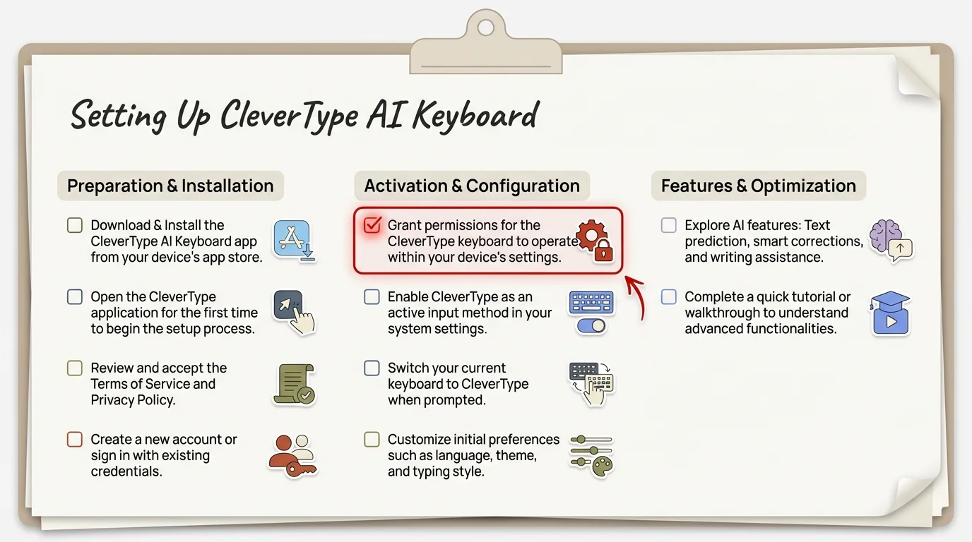 Complete setup checklist for CleverType AI Keyboard - step-by-step guide to optimize your keyboard for maximum efficiency