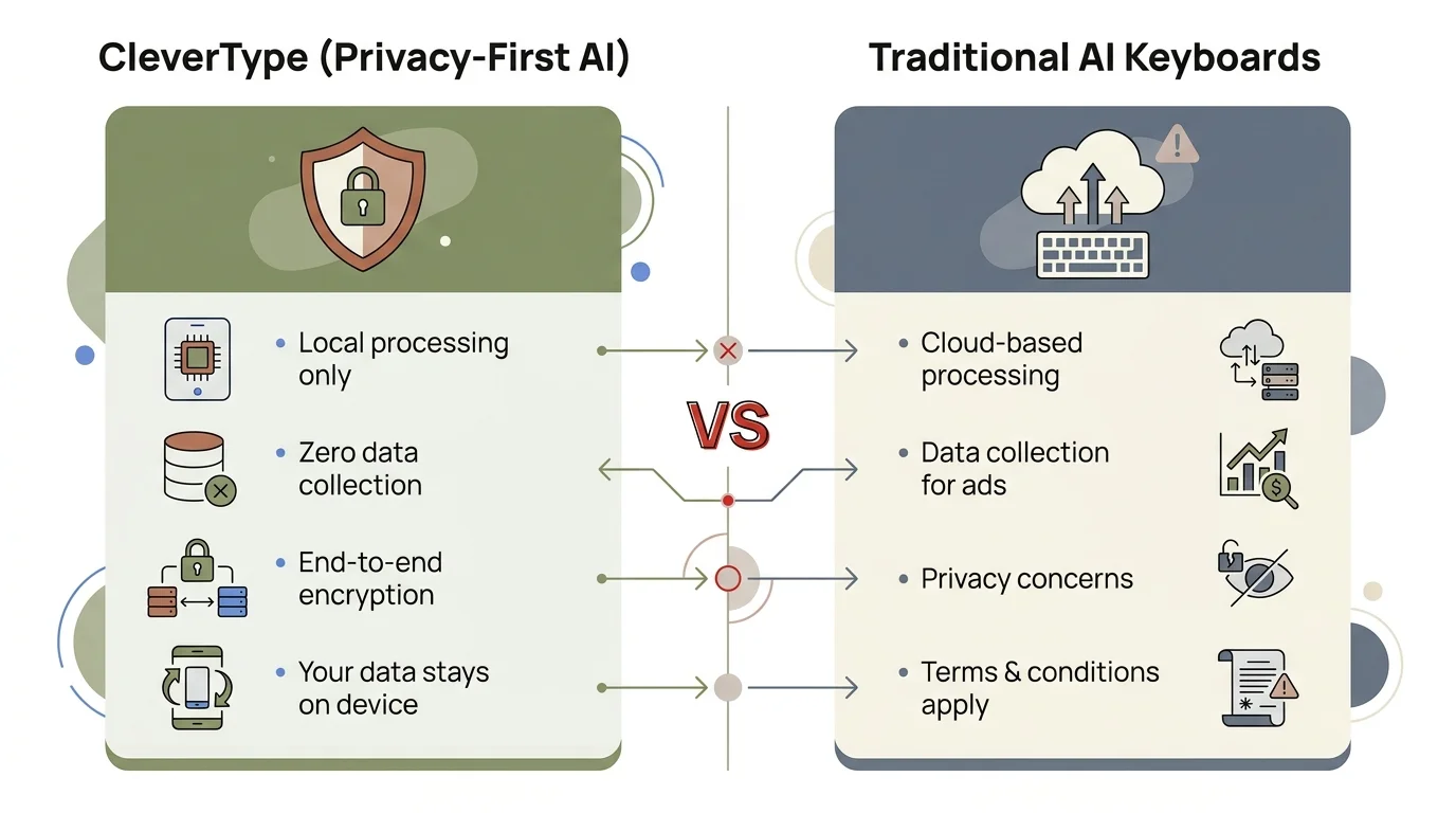 CleverType Privacy-First AI vs Traditional AI Keyboards: side-by-side comparison of on-device processing versus cloud data collection