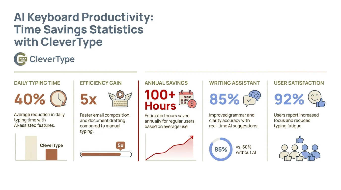 Minimalist data infographic showing AI keyboard productivity statistics: CleverType saves professionals an average of 3.6 hours per week