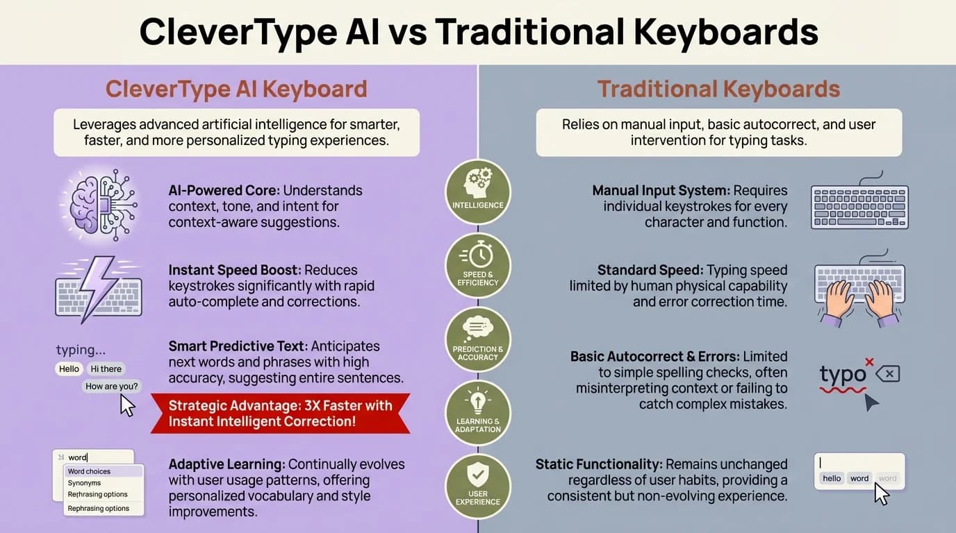 CleverType AI Keyboard vs Traditional Keyboards: AI enhancement, voice-to-text, on-device privacy, multilingual support compared to basic input