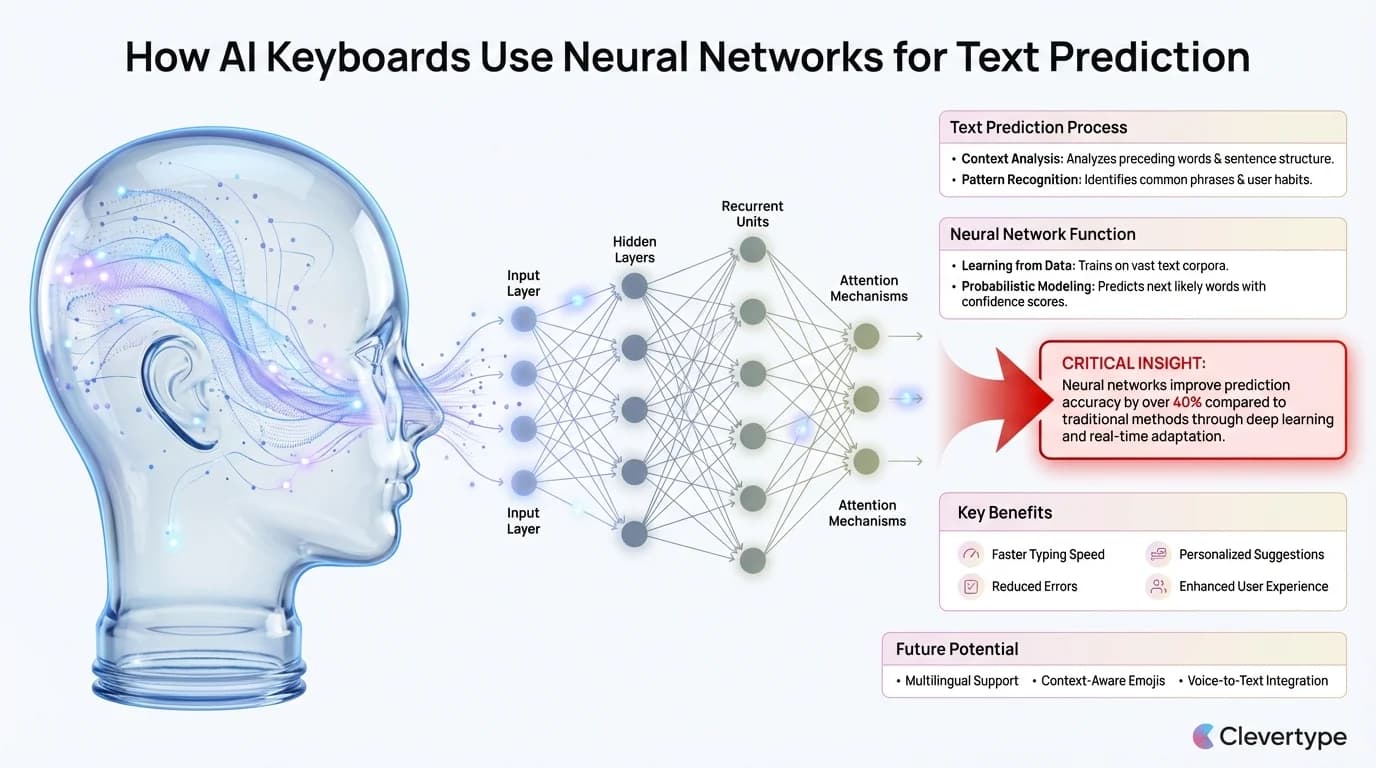 Visual representation of how AI keyboards use neural networks for text prediction, showing data streams and network architecture