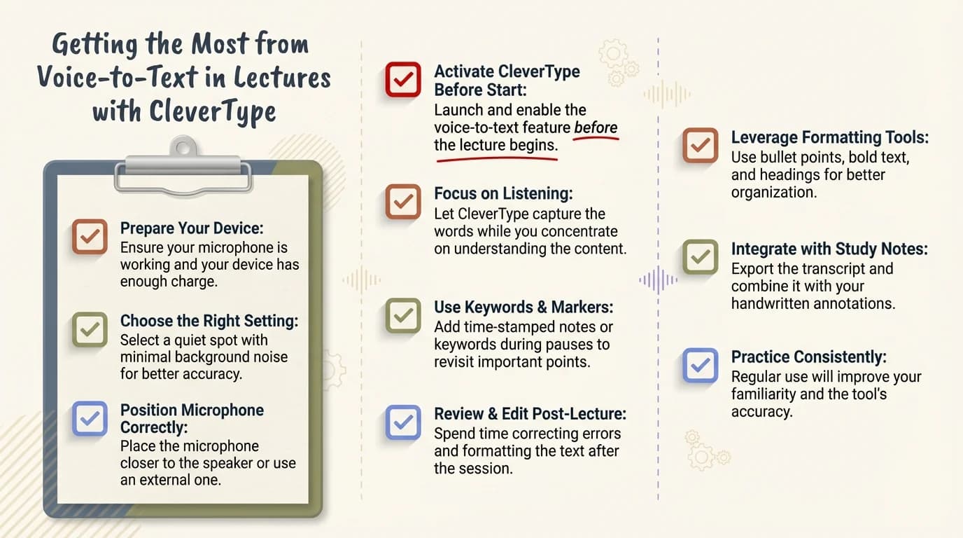 Step-by-step checklist for getting the most from voice-to-text in lectures with CleverType AI keyboard