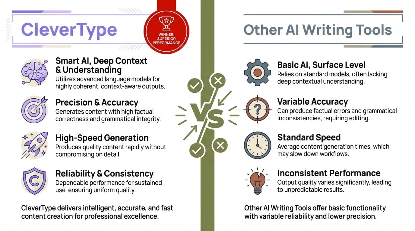 Comparison infographic: CleverType AI keyboard vs other AI writing tools for students — features, privacy, and capabilities