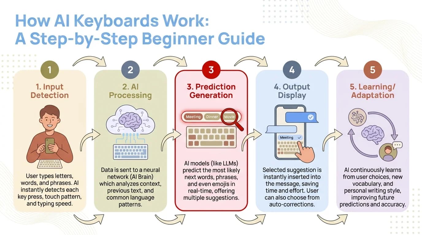 How AI Keyboards Work: A step-by-step visual guide from input detection through AI processing, prediction generation, output display, and adaptive learning