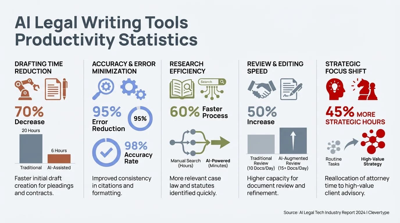 AI legal writing tools productivity statistics showing time savings and accuracy improvements for lawyers