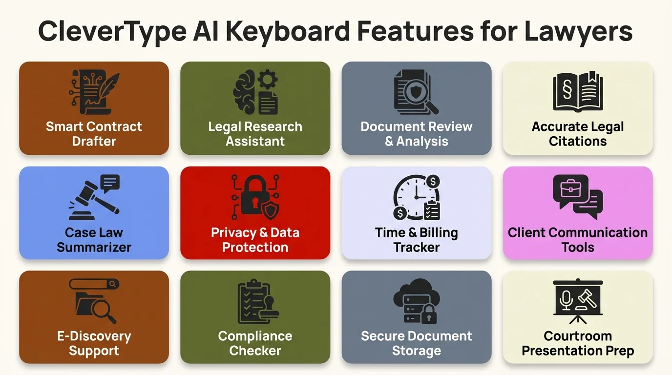 CleverType AI keyboard features for lawyers including real-time grammar correction, tone adjustment, smart replies, and privacy-first on-device processing