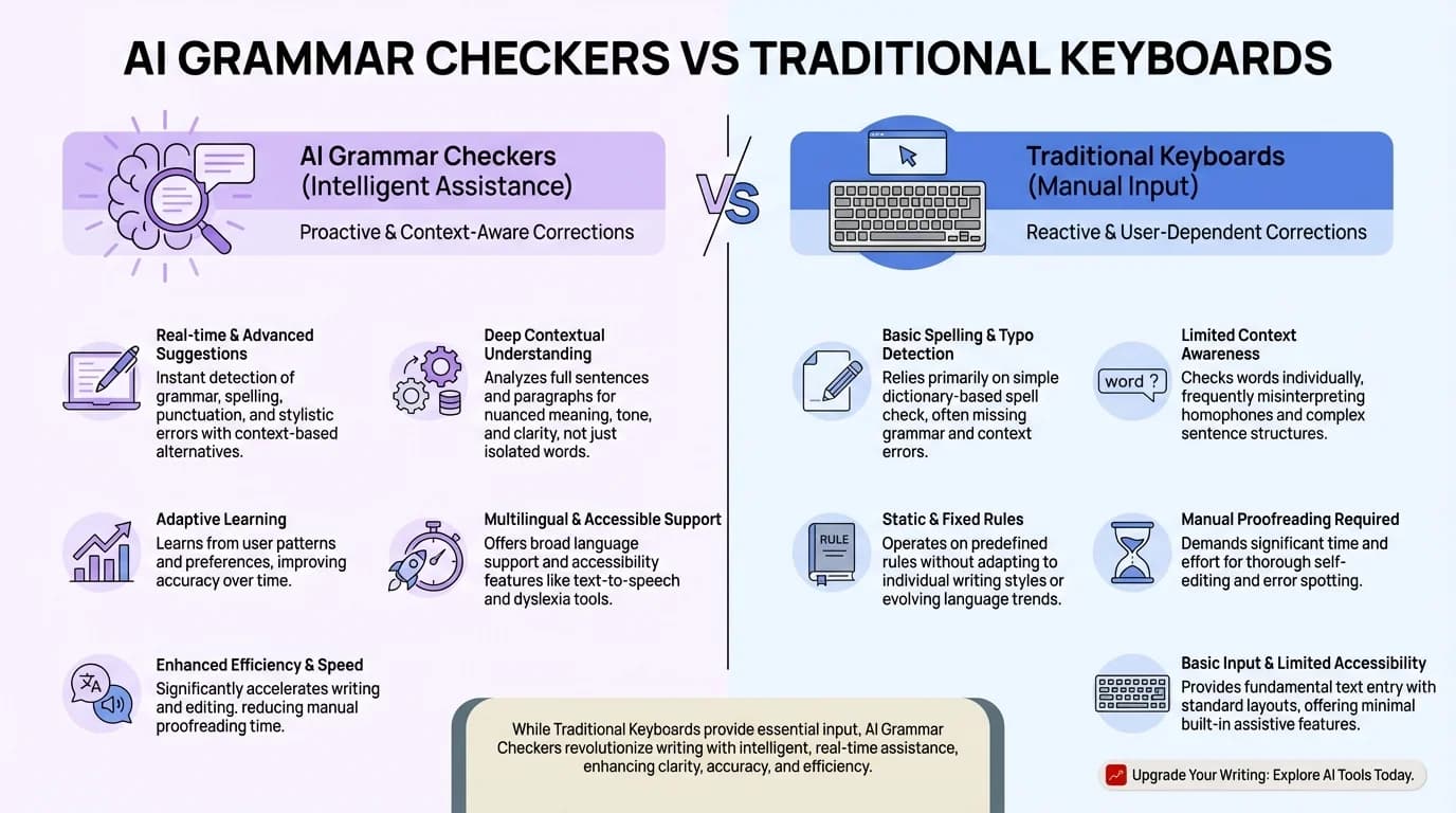 Detailed comparison infographic showing AI Grammar Checkers vs Traditional Keyboards with performance metrics, features, and use cases