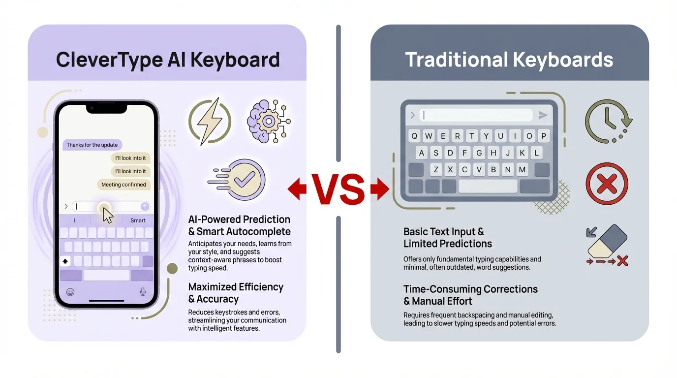 CleverType AI Keyboard vs Traditional Keyboards comparison showing advanced features like voice typing, grammar support, and customizable interfaces versus basic typing functionality