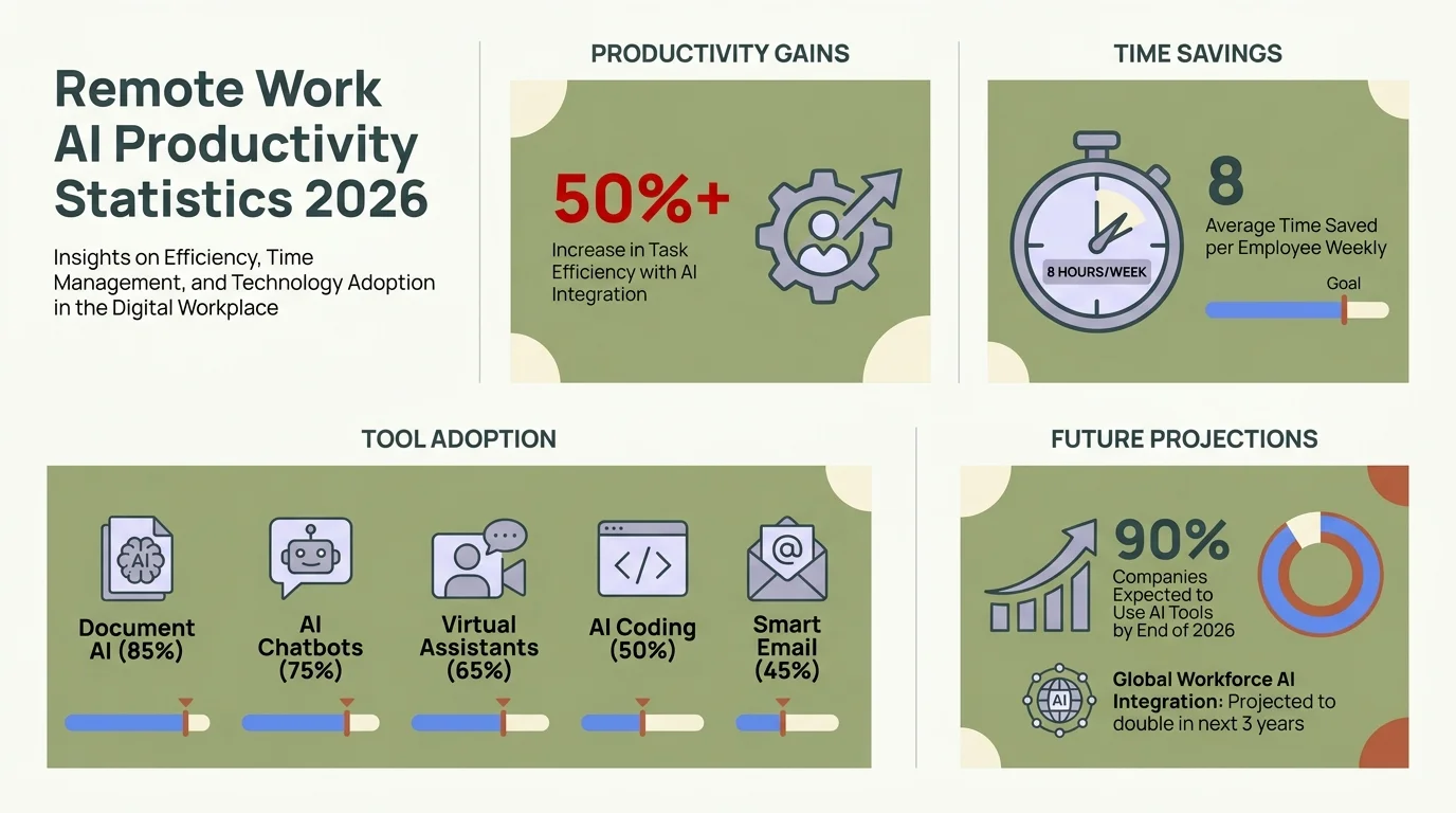 Remote work AI productivity statistics 2026: 47% higher productivity, 43% fewer misunderstandings, 2.2 hours saved per week, 66% AI tool adoption among remote workers