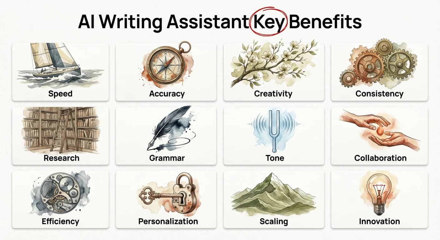 AI Writing Assistant Key Benefits - Visual grid showing speed, accuracy, creativity, consistency, research capabilities, grammar checking, tone adjustment, collaboration, efficiency, personalization, scaling, and innovation features
