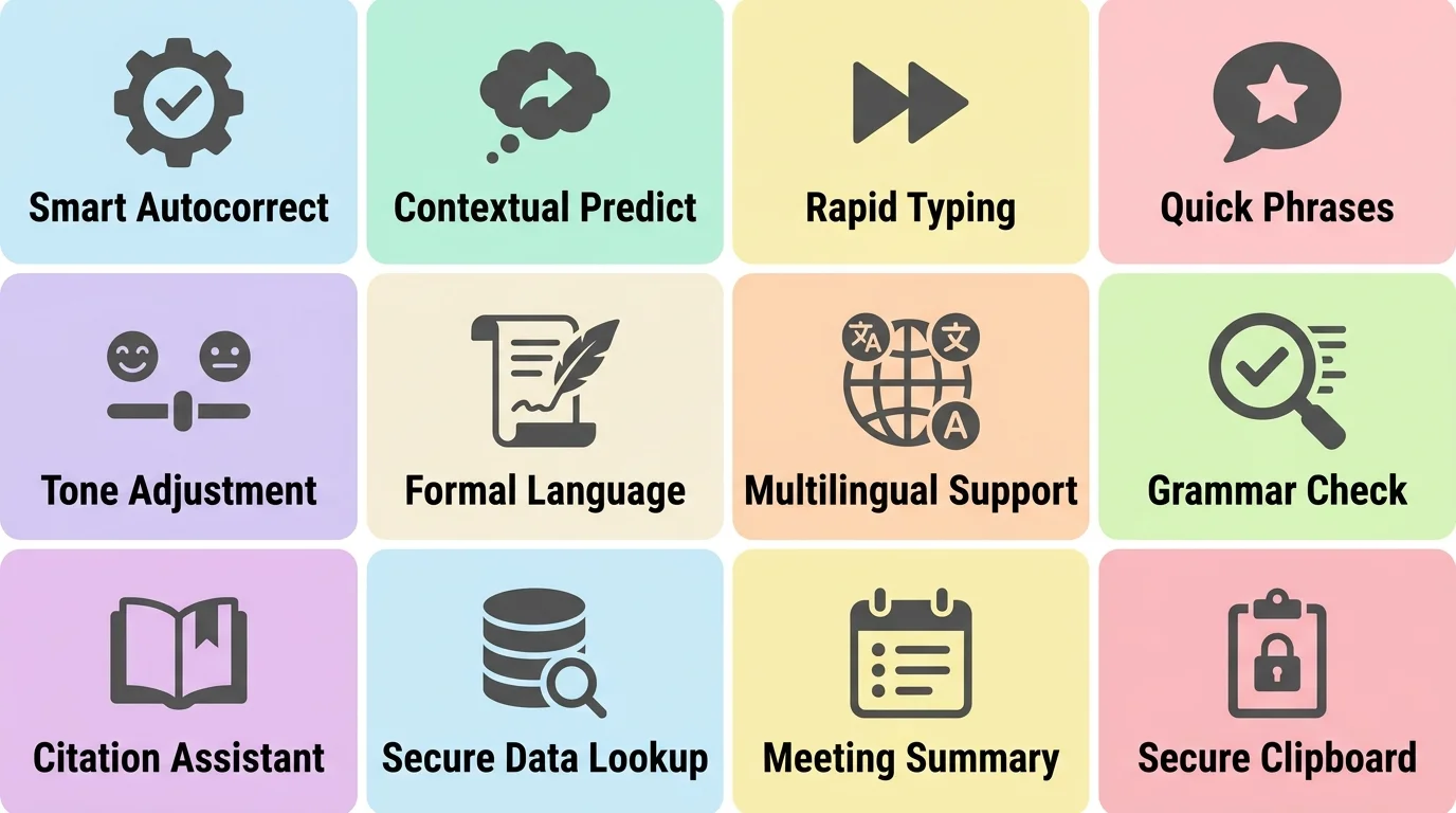 Must-have features of the best AI keyboard for consultants, including tone adjustment, formal grammar checking, industry vocabulary learning, on-device privacy, smart clipboard, offline reliability, and multilingual support