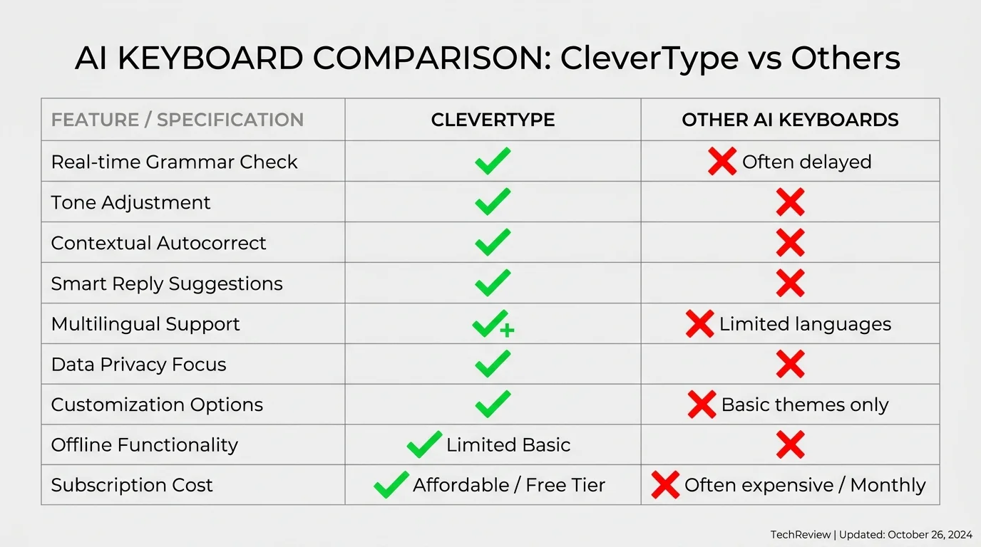 Comparison matrix showing CleverType outperforming other AI keyboards on tone adjustment, grammar checking, privacy, and features built for consultants