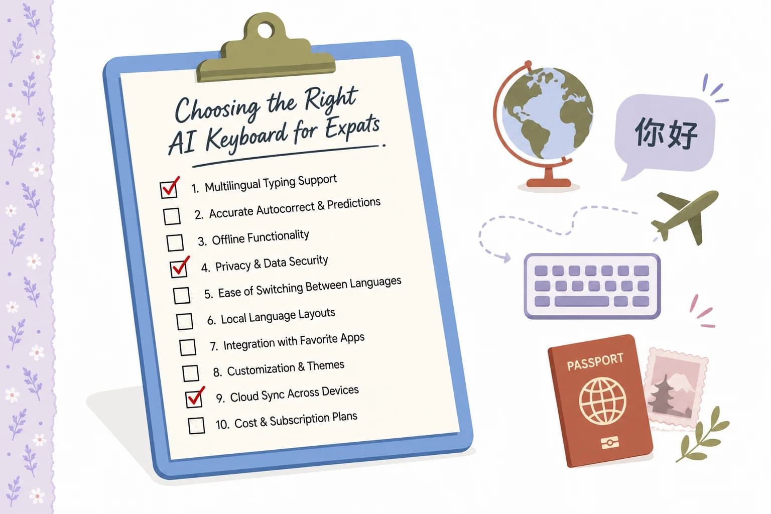 Checklist infographic for choosing the right AI keyboard for expats covering language coverage, formality control, privacy, and grammar depth