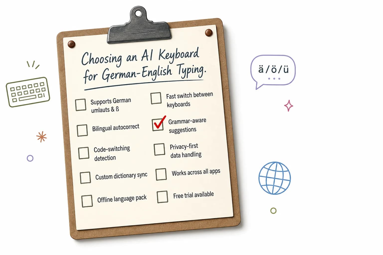 Checklist for choosing an AI keyboard for German-English typing, covering language detection, grammar checking, umlaut support, inline translation, and offline capability