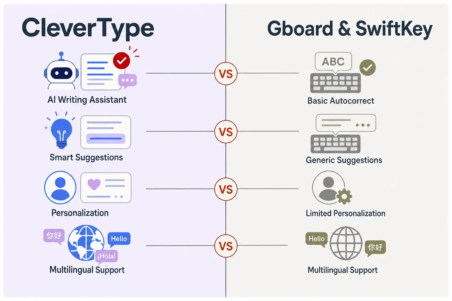 Side-by-side comparison of CleverType versus Gboard and SwiftKey for bilingual typing features