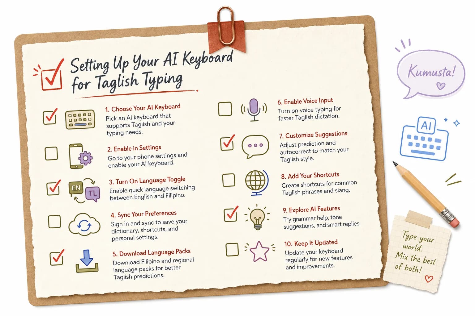 Checklist for setting up an AI keyboard for optimal Taglish typing