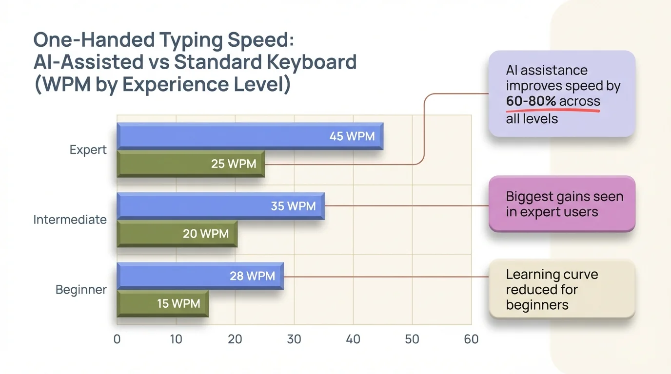 Bar chart comparing one-handed typing speed in WPM: AI-assisted keyboard vs standard keyboard across beginner, intermediate, and experienced users