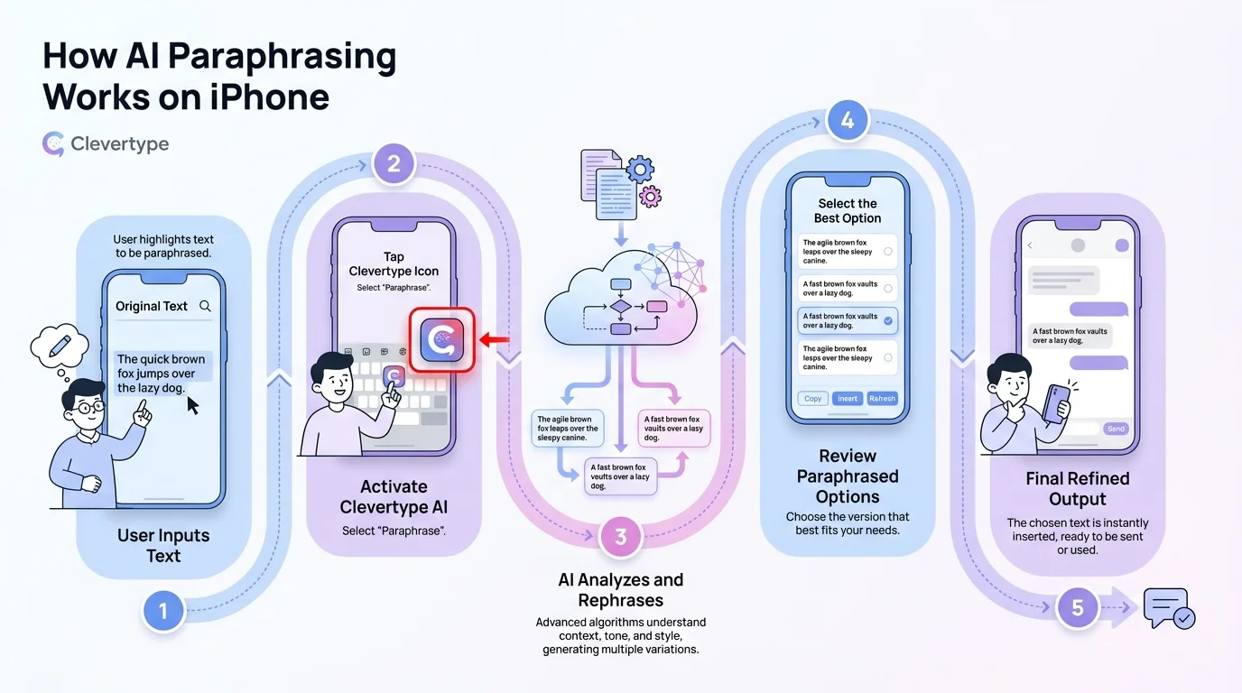 Infographic showing how AI paraphrasing works on iPhone - step-by-step process from text analysis to real-time rewriting