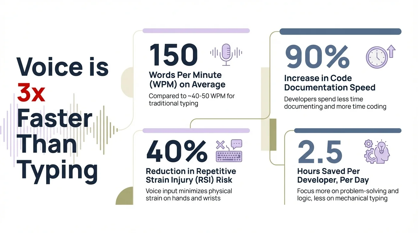 Developer productivity infographic showing voice typing at 150 WPM is 3x faster than average keyboard typing at 45 WPM, with key statistics on time savings for documentation