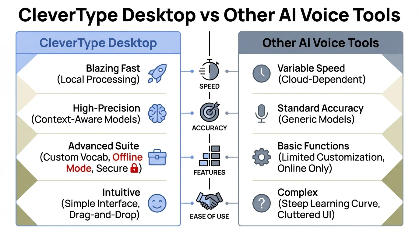 Comparison infographic: CleverType Desktop vs Other AI Voice Tools, showing CleverType's advantages including cross-app support, AI grammar correction, hotkey activation, and privacy-first design