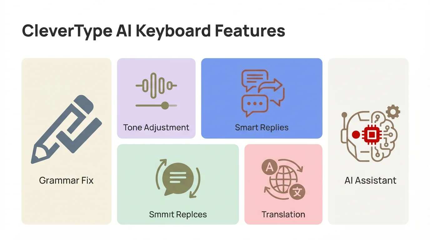 CleverType AI keyboard features overview: Grammar Fix, Tone Adjustment, Smart Replies, Translation, and AI Assistant