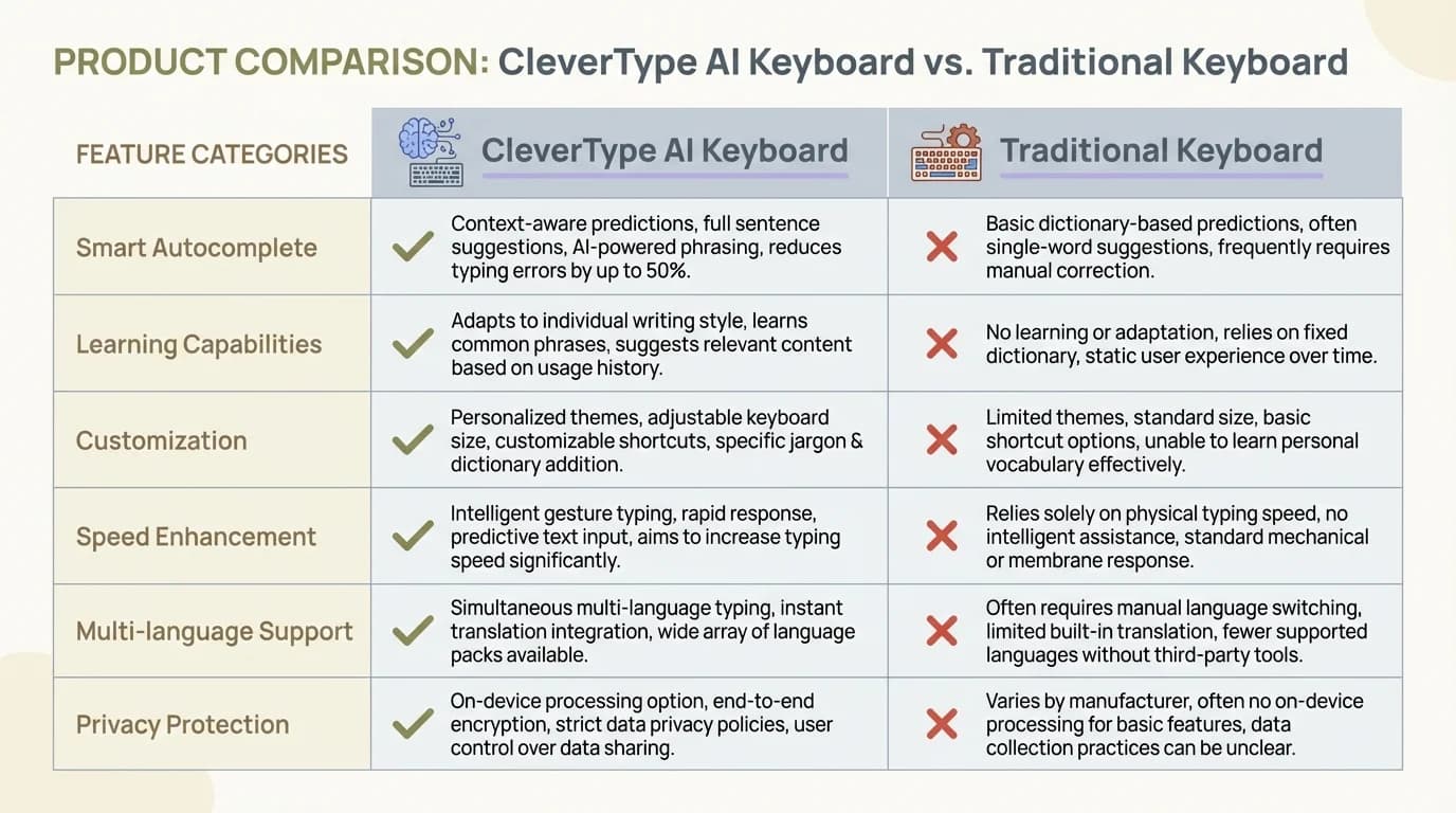 Product comparison matrix showing CleverType AI Keyboard vs Traditional Keyboard features including smart autocomplete, learning capabilities, customization options, and privacy protection