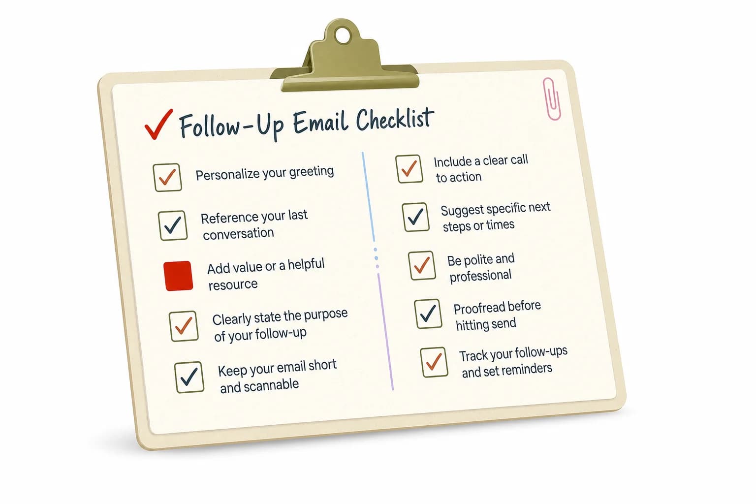Checklist of items to verify on a follow-up email before hitting send