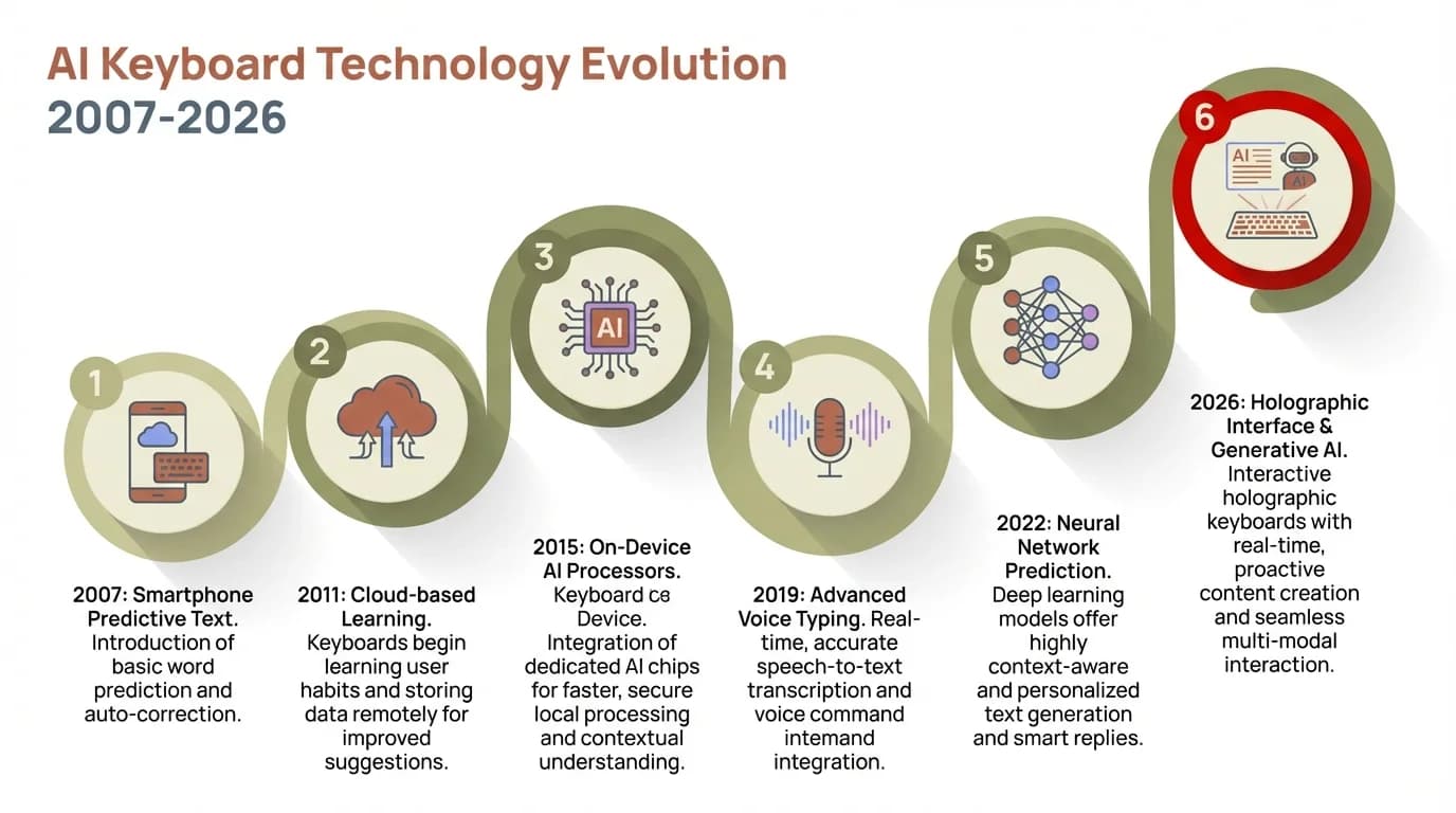 Timeline visualization showing the evolution of AI keyboard technology from 2007 to 2026, highlighting key milestones from basic autocorrect to multimodal AI assistants