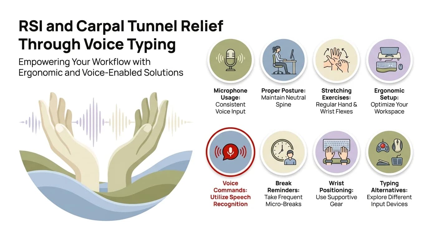 Infographic showing RSI and carpal tunnel relief strategies through voice typing: 8 key tips including microphone usage, proper posture, ergonomic setup, and wrist positioning