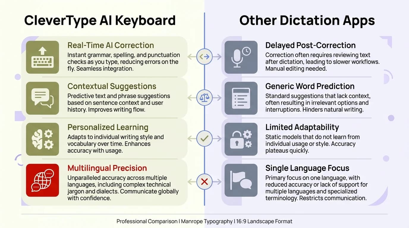 Side-by-side comparison of CleverType AI Keyboard vs other dictation apps, highlighting AI grammar correction, on-device privacy, and superior accuracy features