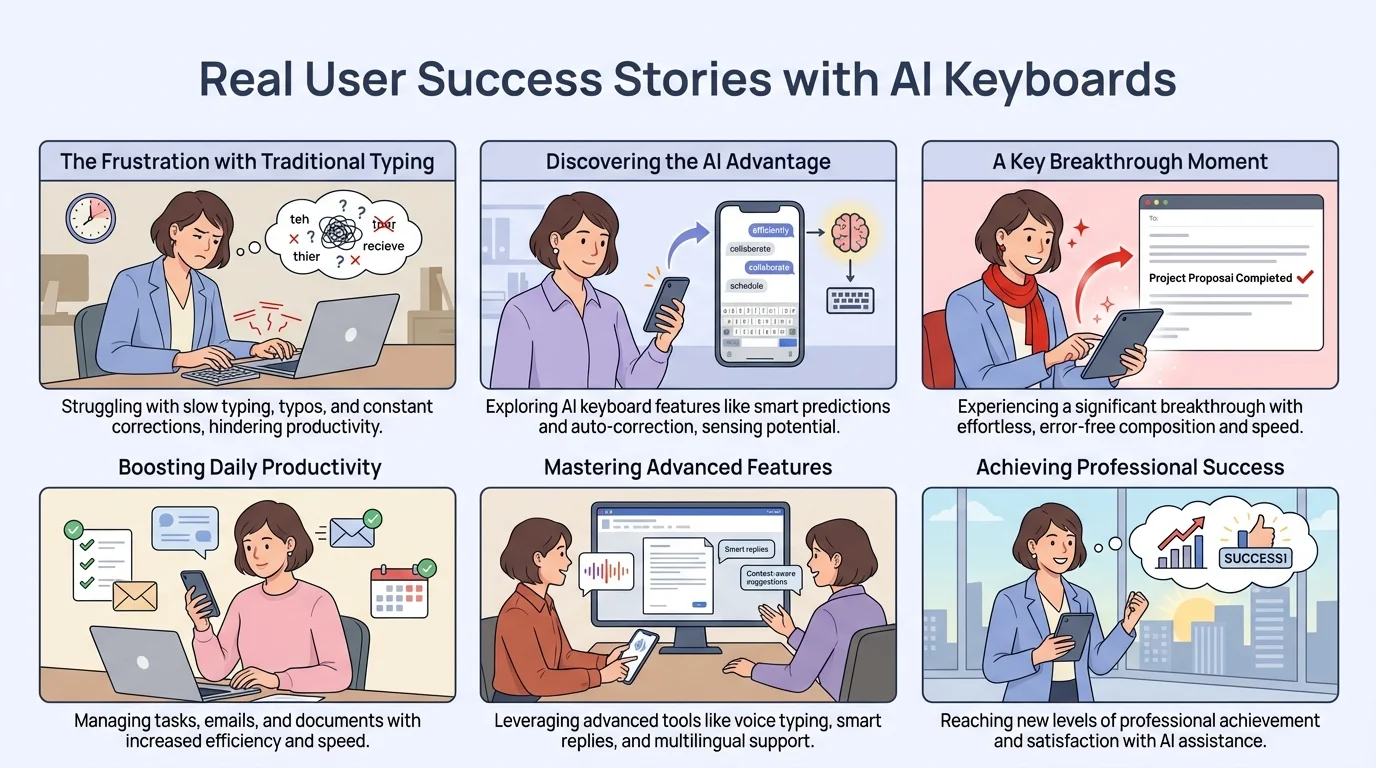 Real User Success Stories with AI Keyboards - A visual journey showing how AI keyboards transform daily communication through real user experiences