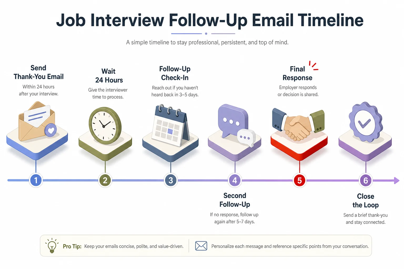 Timeline roadmap of the job interview follow-up email sequence, from the 24-hour thank you email through status checks to final response