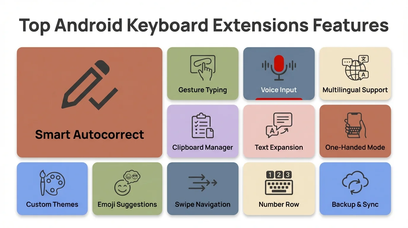 Top Android Keyboard Extensions Features - Smart autocorrect, gesture typing, voice input, multilingual support, custom themes, clipboard manager, text expansion, and more
