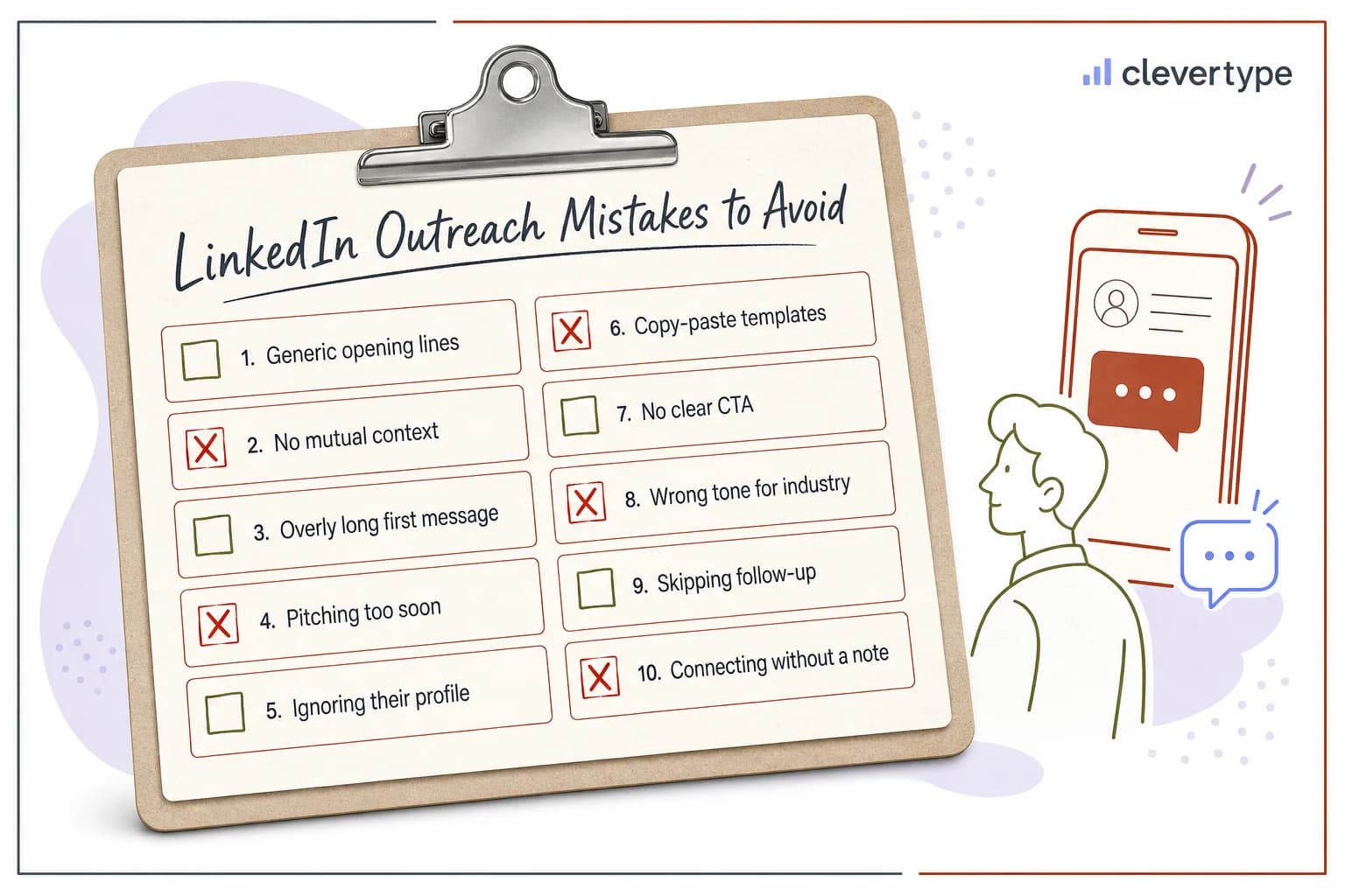 Checklist of common LinkedIn outreach mistakes to avoid, including pitching too soon, generic openers, and skipping the character-limit check