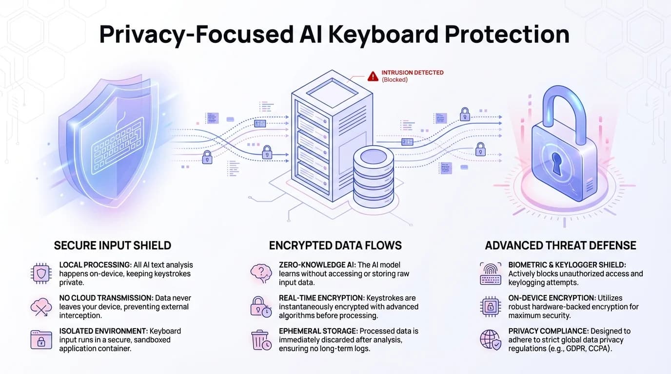 Privacy-focused AI keyboard security criteria: on-device processing, no internet permissions, open-source code, clear privacy policy, and no ad trackers
