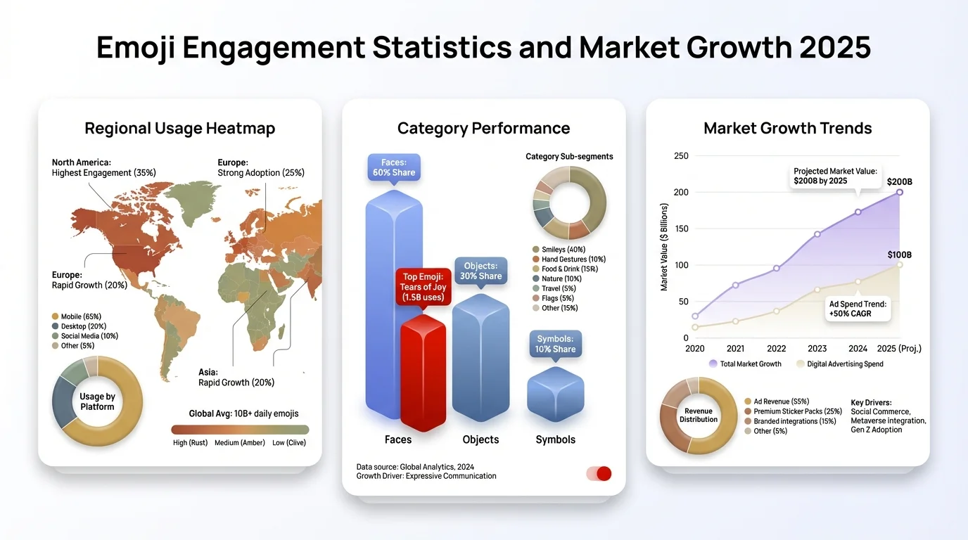 Modern data dashboard showing emoji engagement statistics, market growth projections to $3.27 billion by 2033, and generational usage breakdown for 2025