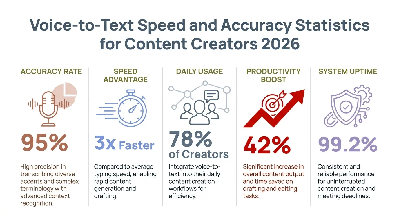 Voice-to-text speed and accuracy statistics for content creators in 2026 — 150 WPM speaking vs 40 WPM typing, 96–99% AI accuracy, 3x faster content creation