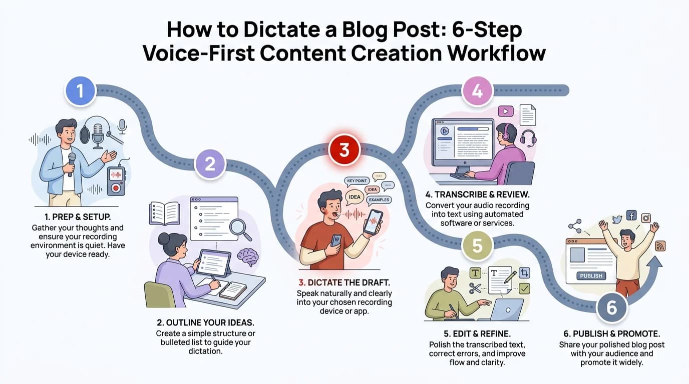 6-step voice-first blog post dictation workflow: outline, environment setup, speak in paragraphs, verbal commands, edit in passes, read aloud before publishing