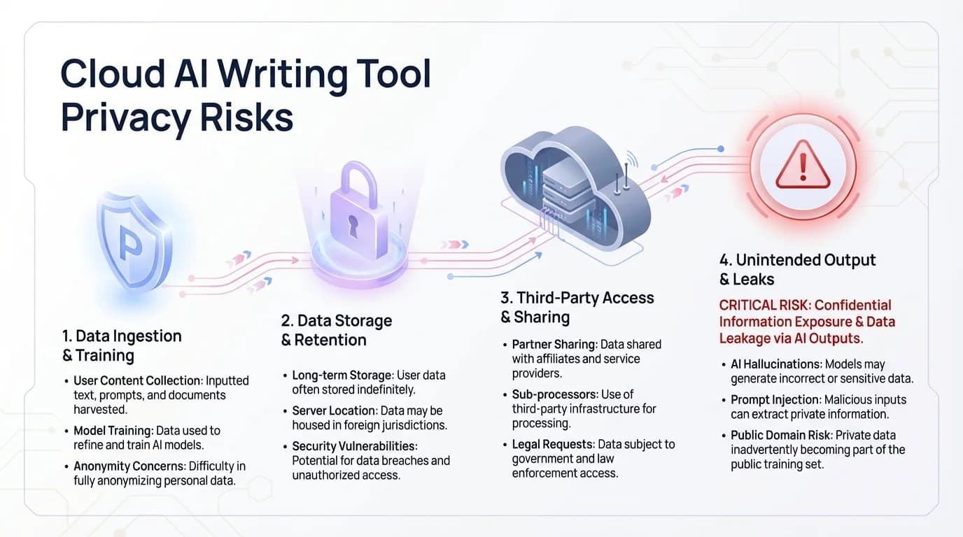 Cloud AI writing tool privacy risks infographic: key statistics showing 40% of organizations experienced AI-related privacy incidents, 15% of employees pasted sensitive data into public AI chatbots