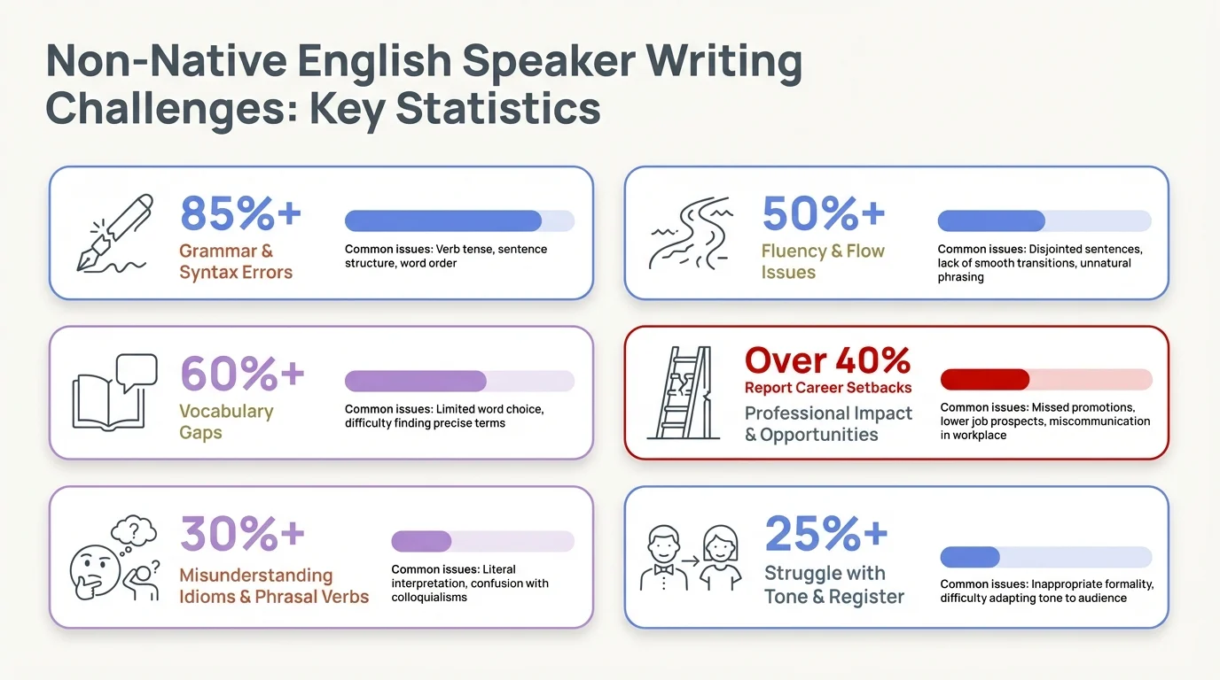 Key statistics on writing challenges faced by non-native English speakers: time spent, rejection rates, and the impact of AI writing tools