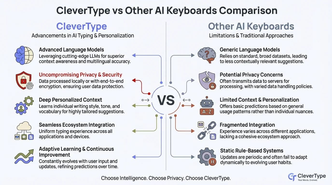 CleverType vs other AI keyboards comparison: real-time grammar correction, tone adjustment, multilingual support, and on-device privacy