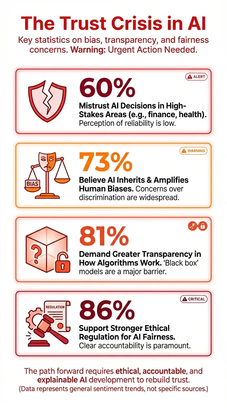 AI Trust and Bias Statistics - Key data showing the trust crisis in AI with 62% of Americans not trusting AI decisions